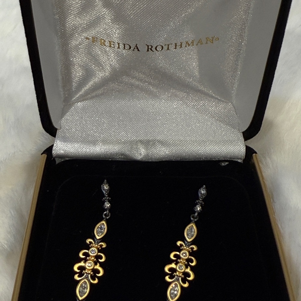 Freida Rothman Drop Style mixed metal earrings, NO BOX, but comes with FR pouch.